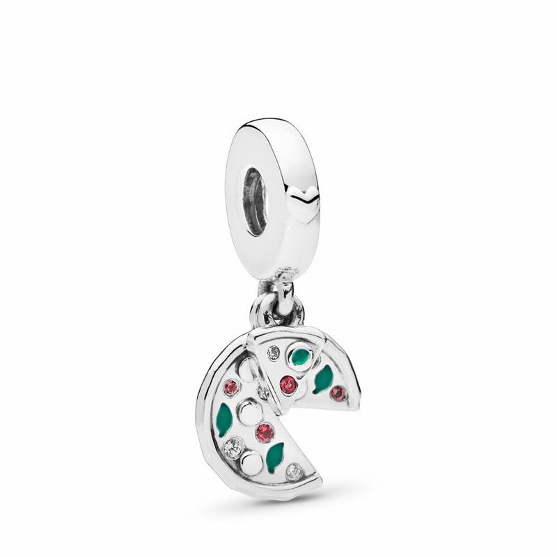 Pandora Passion For Pizza Dangle Charm Ireland - Sterling Silver/Enamel/Green/Mixed Stones/Cubic Zir